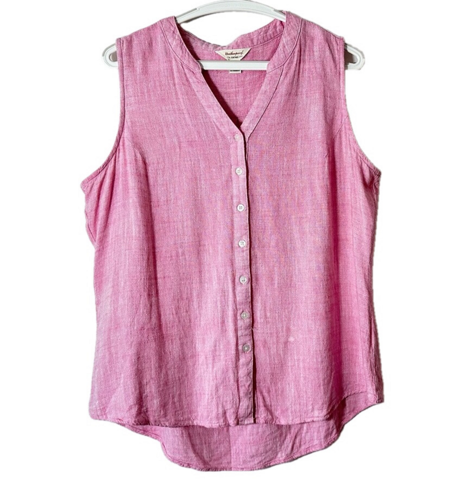 Weatherproof Vintage Linen Pink Striped Button Down Shirt Sleeveless Size Large